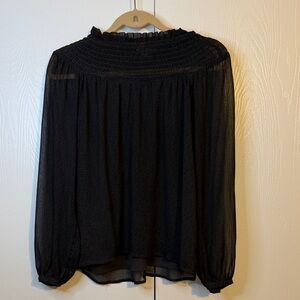LOFT Black Sheer Smocked Neck Long-Sleeve Blouse